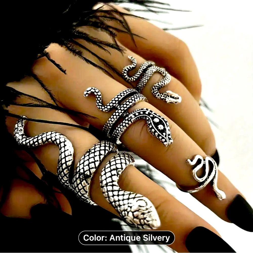 Set of 4 Silver Snake Rings Gothic